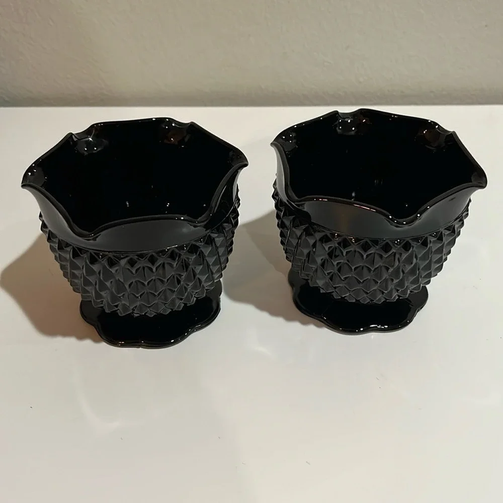 Indiana Glass Tiara Black Cameo‎ Diamond Point Candlestick Holders